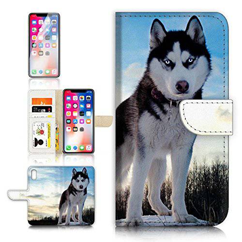 (for 아이폰 Xs/ 아이폰 X) 플립 지갑 케이스 커버&  화면보호필름, 액정보호필름 번들,묶음 A20395 Siberian Husky 강아지
