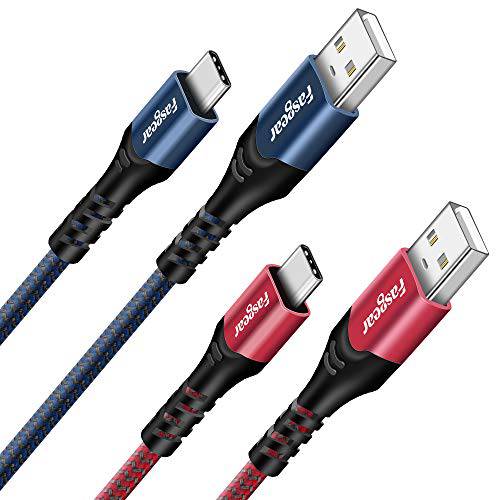 Fasgear USB C 케이블, 2 팩 10ft 타입 C 고속충전기 충전 Nylon Braided 케이블 호환가능한 for 갤럭시 S10 S9 S8 A5 노트 8 9 화웨이 P30 P20 lite 소니 Xperia XZ Oneplus 7 7pro LG G5 G6 (블루, 레드)