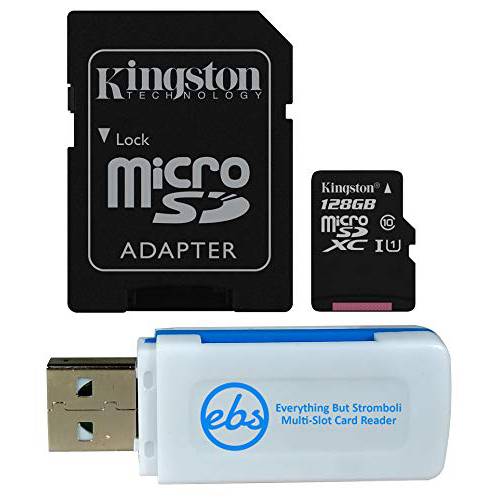 Kingston 128GB SDXC Micro Canvas 메모리 카드 and 어댑터 Works with 삼성 갤럭시 A10, A20, A70 휴대폰, 스마트폰 (SDCS/ 128GB) 번들,묶음 with 1 Everything But 스트롬볼리 마이크로SD and SD 카드 리더,리더기