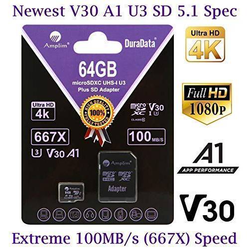 64GB Micro SD 카드 플러스 어댑터 팩, Amplim 64 GB 마이크로SD SDXC Class 10 프로 U3 A1 V30 Extreme 스피드 100MB/ s UHS-I UHS-1 TF XC MicroSDXC 메모리 카드 for 휴대폰, 스마트폰, Nintendo, 갤럭시, 파이어, 고프로
