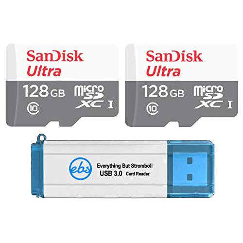 샌디스크 울트라 128GB microSDXC 메모리 카드 (2 Pack) UHS-I Class 10 SDSQUNS-128G-GN6MN 번들,묶음 with (1) Everything But 스트롬볼리 3.0 SD/ TF Micro 카드 리더,리더기