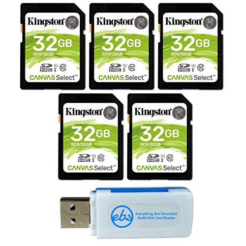Kingston 32GB SD 메모리 카드 (5 Pack) Canvas SDHC 카드 Class 10 UHS-1 ( SDS/ 32GB) 번들,묶음 with (1) Everything But 스트롬볼리 SD& Micro 카드 리더,리더기