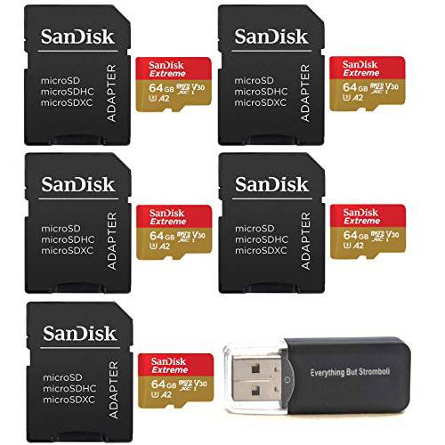 샌디스크 64GB Micro SDXC Extreme 메모리 카드 (Five Pack) SDSQXA2-064G-GN6MN Works with 고프로 히어로 7 Black, 실버, Hero7 화이트 UHS-1 U3 A2 번들,묶음 with (1) Everything But 스트롬볼리 Micro 카드 리더,리더기