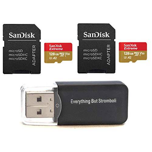 샌디스크 128GB Micro SDXC Extreme 메모리 카드 2 Pack Works with 고프로 히어로 8 Black, 고프로 맥스 360 액션 캠 U3 V30 4K Class 10 (SDSQXA1-128G-GN6MN) 번들,묶음 with 1 Everything But 스트롬볼리 카드 리더,리더기