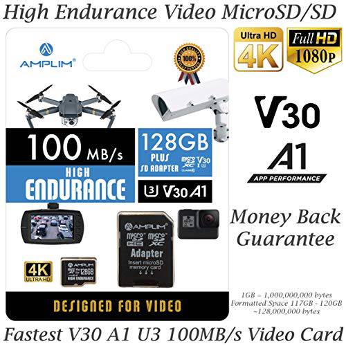 고 Endurance 128GB MicroSDXC 카드 for 영상 모니터링 캠 - 블랙박스, 바디 캠, Surveillance 캠, 가정 안전 캠, 드론, 액션 카메라. Amplim U3, V30, A1, 4K UHD, Micro SD TF 어댑터포함