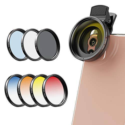 Apexel 2020 Newly 폰 카메라 Graduated Color 필터 악세사리 Kit - 조절가능 블루/ 오렌지/ 옐로우/ 레드 Color Lens, 스타, CPL 필터, ND32 필터 for 카메라, 아이폰, 삼성, Huawei, etc