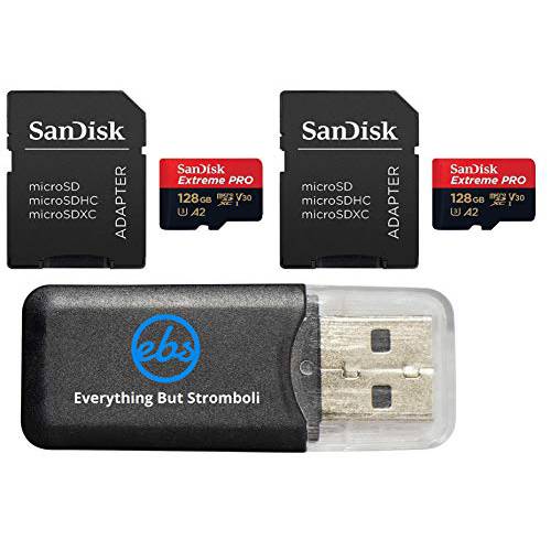 샌디스크 128GB Micro SDXC Extreme 프로 메모리 카드 2 Pack Works with 고프로 히어로 8 Black, 맥스 360 액션 캠 U3 V30 4K A2 Class 10 (SDSQXCY-128G-GN6MA) 번들,묶음 with 1 Everything But 스트롬볼리 카드 리더,리더기