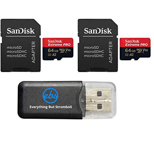 샌디스크 64GB Micro SDXC Extreme 프로 메모리 카드 (2 Pack) Works with 고프로 히어로 8 Black, 맥스 360 액션 캠 U3 V30 4K Class 10 (SDSQXCY-064G-GN6MA) 번들,묶음 with 1 Everything But 스트롬볼리 카드 리더,리더기