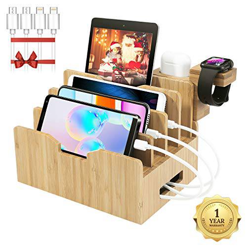 Bamboo 충전 스테이션 forMultipleDevices with Integrated 애플워치&  에어팟 지지대, 데스트탑 충전 탈부착 스테이션 수납,정리함,꽂이 for 핸드폰, 태블릿,태블릿PC, 5 충전 Cables Included, No 파워 서플라이