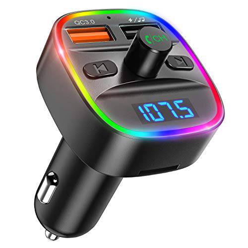 (2020 	업그레이드된 New Version) V5.0 블루투스 FM 송신기 for 차량용, 7 RGB Color LED Backlit 라디오 송신기, QC3.0 듀얼 USB Ports 어댑터 차량용 Kit, support TF 카드, USB Disk, Hands-Free 통화