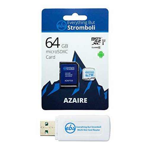 Everything But Stromboli 64GB Azaire Micro SD 메모리 카드&  어댑터 Works with 삼성 갤럭시 폰 J Series J2 Core, J7 스타, J7, J3 스피드 Class 10, U3, UHS-1, SDXC 플러스 (1) Micro& SD 카드 리더,리더기