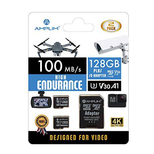 2-Pack 고 Endurance 128GB MicroSDXC 카드 for 영상 모니터링 - 블랙박스, 바디 캠, Surveillance 캠, 가정 안전 캠, 드론, 액션 카메라. Amplim U3, V30, A1, 4K UHD, Micro SD TF 어댑터포함