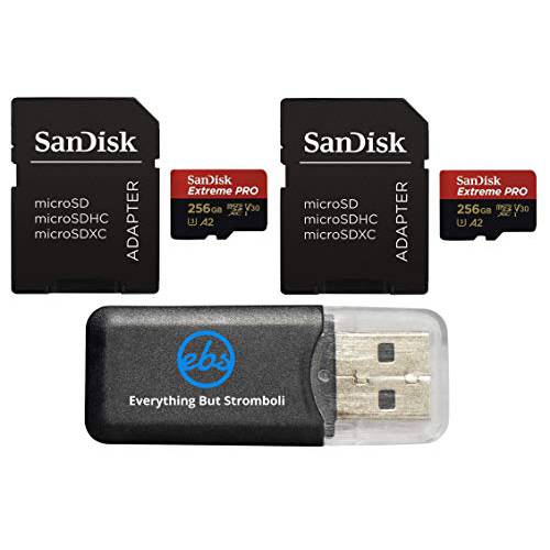 샌디스크 256GB Micro SDXC Extreme 프로 메모리 카드 (2 Pack) Works with 고프로 히어로 8 Black, 맥스 360 캠 U3 V30 4K Class 10 (SDSDQXCZ-256G-GN6MA) 번들,묶음 with (1) Everything But 스트롬볼리 마이크로SD 리더,리더기