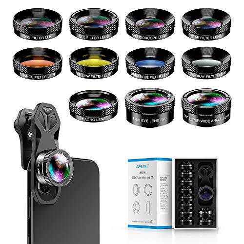 Apexel 11 in 1 폰 카메라 렌즈 Kit - 넓이 Angle Lens& Macro Lens+ 어안 Lens/ ND32/ kaleidoscope/ CPL/ Color 렌즈 호환가능한 with 아이폰 삼성 소니 and Most of 스마트폰
