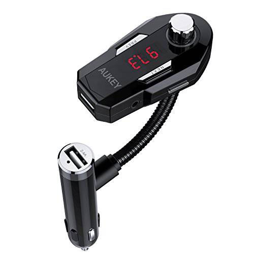AUKEY 블루투스 FM 송신기, 라디오 어댑터 차량용 Kit with 3.5mm 오디오 Plug and USB Input for 휴대용 오디오 출력 디바이스