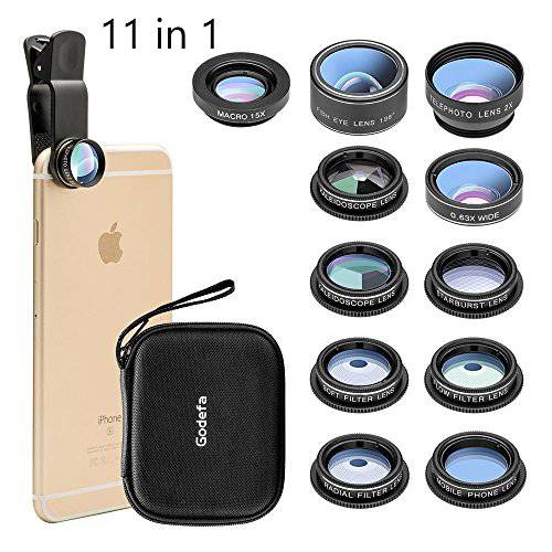 Godefa 폰 카메라 렌즈 Kit, 14 in 1 Lenses with 셀피 링 조명,라이트,스탠드,독서등,데스크조명 for 아이폰 Xs, XR, 8 7 6s 플러스, 삼성 and other 안드리오드 스마트폰, 범용 Clip on 넓이 Angle+ Macro+ Zoom 카메라 Lenses and More