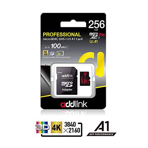 addlink 256GB Micro SD 카드 SDXC U3 V30 A1 메모리 카드 어댑터포함 with 읽기 100MB/ s 고속