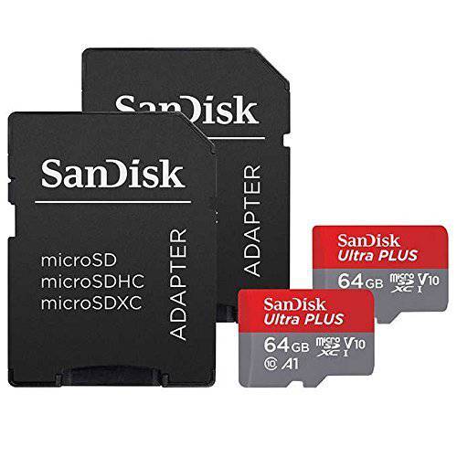 샌디스크 울트라 플러스 64GB microSDXC UHS-I 카드 with SD 어댑터, 그레이/ 레드, 풀 HD up to 100 MB/ S For 안드로이드 폰, 테이블 and 카메라 (2 Pack of 64 GB Micro SD- 카드)