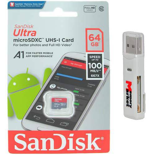 샌디스크 울트라 64GB 마이크로 SD XC Class 10 A1 UHS-1 휴대용 메모리 카드 up to 98MB/ s 읽기 스피드 ( SDSQUAR-064G-GN6MN) with 듀얼 Slot MemoryMarket  마이크로 SD& SD 메모리 카드 리더,리더기