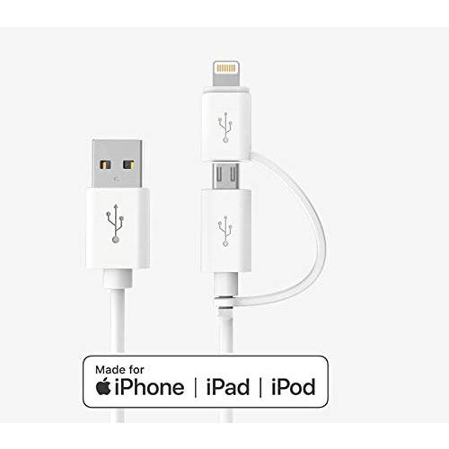 애플 MFi 인증된 2 in 1 아이폰 충전 라이트닝 케이블 and Micro USB to USB 충전 케이블, 호환가능한 아이폰 X, 8, 8 플러스, 7 플러스, 넥서스, LG, HTC 안드로이드 Data 케이블 2 in 1 White(3 ft)