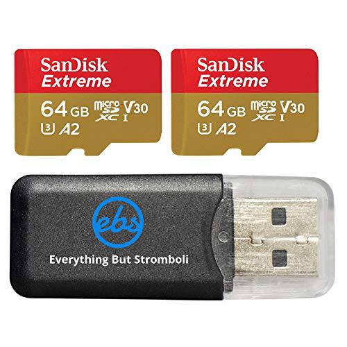 샌디스크 64GB Micro SDXC Extreme 메모리 카드 (2 Pack) Works with 고프로 히어로 8 Black, 고프로 맥스 360 액션 캠 U3 V30 4K Class 10 (SDSQXA2-064G-GN6MN) 번들,묶음 with 1 Everything But 스트롬볼리 카드 리더,리더기