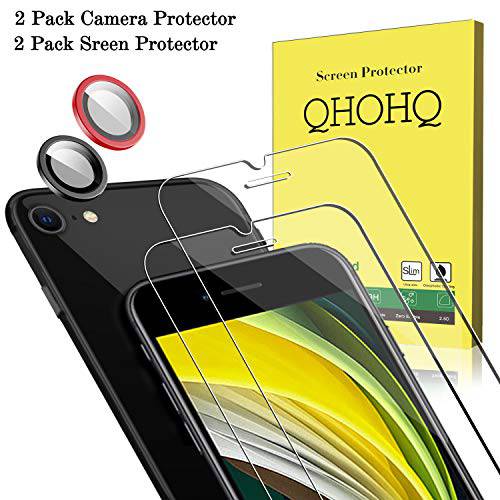 QHOHQ 2 Pack 화면보호필름, 액정보호필름 for New 아이폰 SE 2020 (4.7 Inch) with 2 Pack 카메라 렌즈 보호,  강화유리 시트지,벽시트지,홈데코, 9H 강도- HD - 2.5D 엣지 - No 화이트 엣지S - Anti-Fingerprint - Anti-Scratch