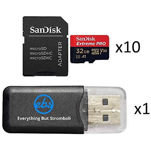 32GB 샌디스크 Extreme 프로 (Ten Pack) 4K Micro 메모리 카드 (SDSQXCG-032G-GN6MA) Class 10 U3 V30 A1 32G 마이크로SD HC SDHC 번들,묶음 with Everything But 스트롬볼리 카드 리더,리더기