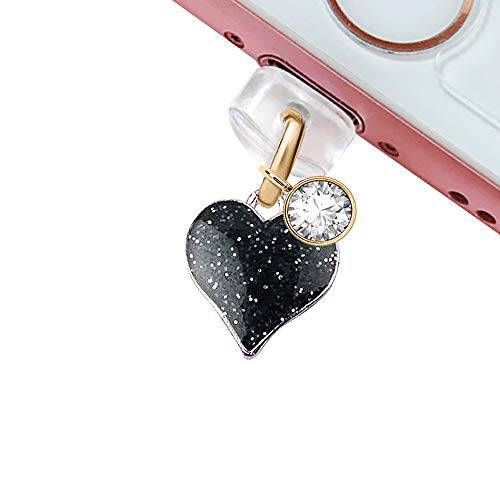 ELISE& FONDA CP130 USB 충전 Port Anti Dust Plug Cute Heart Love Pendant 폰 장식 for 아이폰 11/ XS 맥스/ XR/ X/ 8 플러스/ 7/ 6S/ 7/ SE 아이패드 iPod (Black)