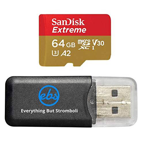 샌디스크 Extreme 64GB V30 A2 MicroSDXC 메모리 카드 for DJI Works with Mavic 에어 2 드론 4K 8K 번들,묶음 with (1) Everything But 스트롬볼리 마이크로SD 리더,리더기