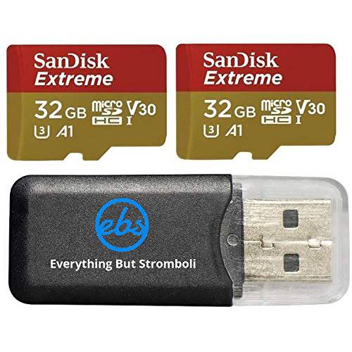 샌디스크 32GB Micro SDHC Extreme 메모리 카드 (2 Pack) Works with 고프로 히어로 8 Black, 고프로 맥스 360 액션 캠 U3 V30 4K Class 10 (SDSQXAF-032G-GN6MN) 번들,묶음 with 1 Everything But 스트롬볼리 카드 리더,리더기