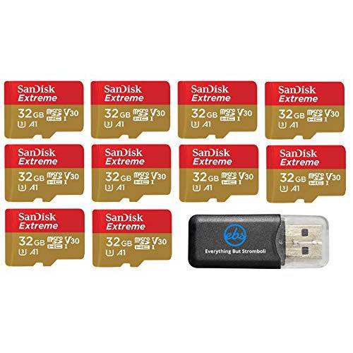32GB 샌디스크 Extreme (Ten Pack) 4K Micro 메모리 카드 (SDSQXAF-032G-GN6MN) UHD 영상 스피드 30 UHS-1 V30 32G 마이크로SD HC 번들,묶음 with Everything But 스트롬볼리 카드 리더,리더기
