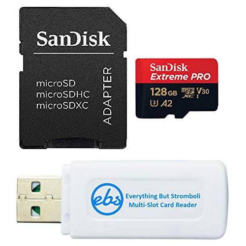 샌디스크 Extreme 프로 128GB V30 A2 MicroSDXC 메모리 카드 for DJI Works with Mavic 에어 2 드론 4K UHD U3 번들,묶음 with (1) Everything But 스트롬볼리 마이크로SD 카드 리더,리더기