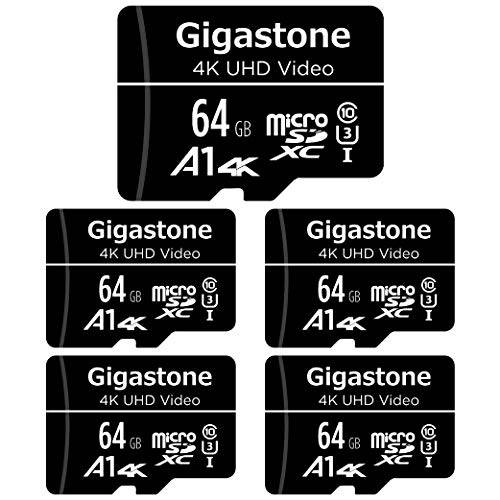 Gigastone 64GB 5-Pack Micro SD 카드, 4K UHD 영상, Surveillance 안전 캠 액션 카메라 드론 프로페셔널, 90MB/ s Micro SDXC UHS-I A1 Class 10