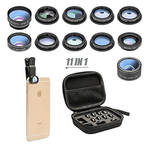 11 in 1 휴대폰, 스마트폰 카메라 렌즈 Kit 넓이 Angle Lens& Macro Lens+ 어안 Lens+ 망원 Lens+ CPL/ Flow/ Radial/ 스타/ 소프트 필터+ Kaleidoscope 렌즈 호환가능한 for 아이폰 삼성 소니 and Most of 스마트폰