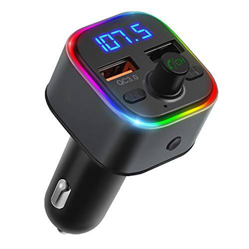 (Upgraded Version) V5.0 블루투스 FM 송신기 for 차량용, 6 Color RGB LED Backlit 블루투스 차량용 라디오 어댑터, 듀얼 USB Ports QC3.0 충전, 지원 USB 조명 Drive, SD 카드, 핸즈프리 차량용 Kit