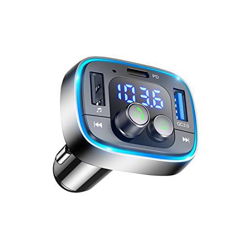 LIHAN 블루투스 FM 송신기 for 차량용, 7 컬러 LED Backlit 차량용 어댑터, QC3.0& USB-PD Ports 충전, 무선 라디오 뮤직 플레이어, 핸즈프리 통화&  뮤직 블루투스리시버, 호환가능한 for Most 스마트폰