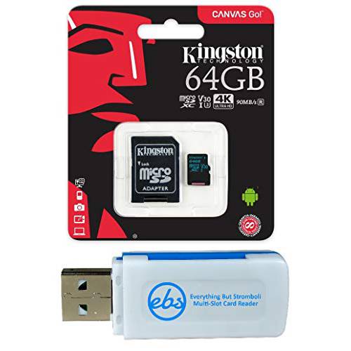 Kingston 64GB SDXC Micro Canvas 고 메모리 카드 and 어댑터 Works with 고프로 히어로 7 블랙, 실버, Hero7 화이트 카메라 (SDCG2/ 64GB) 번들,묶음 with (1) Everything But 스트롬볼리 TF and SD 카드 리더,리더기