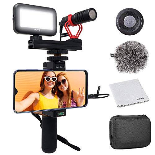 Movo 스마트폰 비디오 Kit V1 Vlogging Kit with 손잡이 Rig, 샷건 마이크,마이크로폰, LED 라이트 and 무선 Remote - 유튜브 장비 호환가능한 with 아이폰, 안드로이드 삼성 갤럭시,  노트 - Vlogging 장비