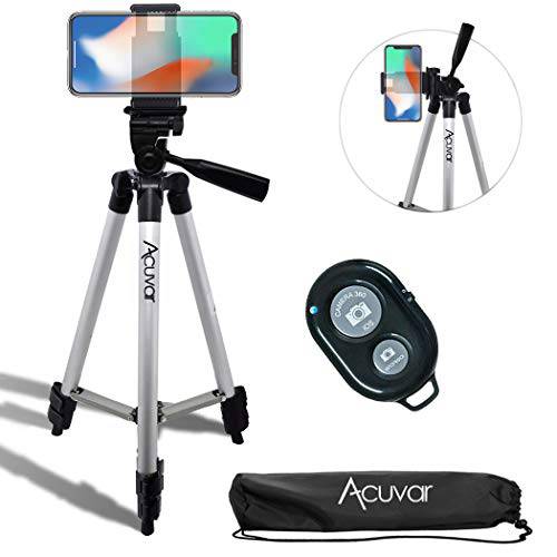 Acuvar 50 Inch 알루미늄 카메라 삼각대 with 범용 스마트폰 마운트+  무선 리모컨, 원격 카메라 셔터 for 아이폰 11 프로 맥스, 11 Pro, Xs, XR, X, SE 2 Pixel 3, 안드로이드 S20 S10 노트 10& More