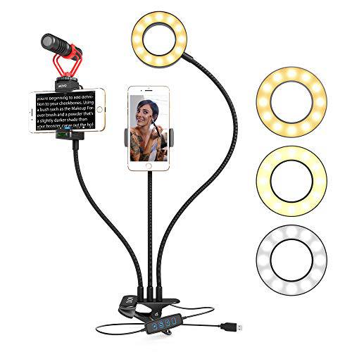 Movo  셀피 메이크업 Tutorial Ultimate 키트 데스크 클램프, 2 휴대폰, 스마트폰 마운트 카메라 and Teleprompter, LED 링 라이트&  비디오 브이로그 마이크, 마이크로폰+  그립 - 호환가능한 아이폰, 안드로이드 스마트폰
