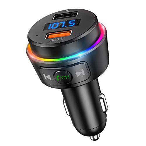 (2020 New Version) v5.0 블루투스 FM 송신기 차량용, 7 RGB 컬러 LED 백라이트 블루투스 차량용 어댑터, QC3.0, 듀얼 USB 포트 차량용 키트 Hands-Free 전화