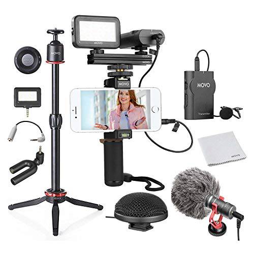 Movo HUGE 스마트폰 비디오 키트 V8 미니 삼각대, 그립 Rig, 무선 샷건 미니 and 360° 스테레오 마이크, LED 라이트, and 리모컨 - 아이폰,  삼성 - 유튜브, TIK Tok, Vlogging 장비