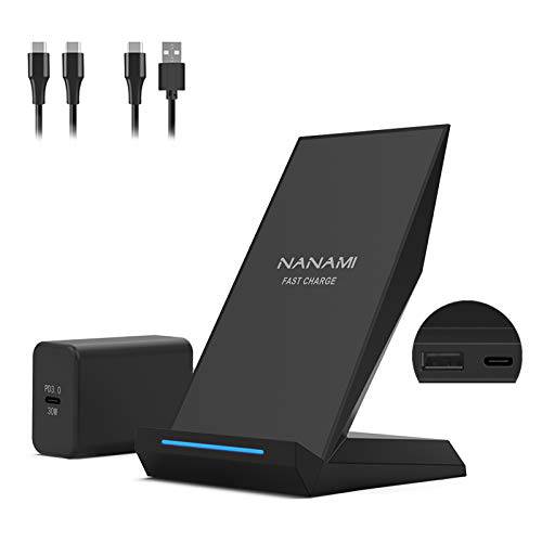 NANAMI 30W 맥스 무선 충전기, Qi 인증된 고속충전 스탠드 USB-A Port, 호환가능한 아이폰 12/ SE 2020/ 11 프로/ XS 맥스/ XR/ X/ 8 플러스, 갤럭시 S20+ S10 S9 S8, 노트 20 울트라/ 10/ 9/ 8(with PD 어댑터)