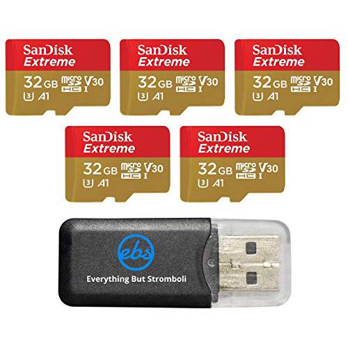 32GB SanDisk  익스트림 (Five 팩) 4K 마이크로 메모리 카드 (SDSQXAF-032G-GN6MN) UHD 비디오 스피드 30 UHS-1 V30 32G 마이크로SD HC 번들,묶음 (1) Everything But 스트롬볼리 카드 리더, 리더기