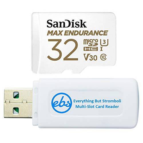 SanDisk  맥스 지구력 32GB TF 카드 MicroSDHC 메모리 카드 대시보드 캠&  홈 세큐리티 시스템 비디오 카메라 (SDSQQVR-032G-GN6IA) Class 10 번들,묶음 (1) Everything But 스트롬볼리 마이크로SD 카드 리더, 리더기