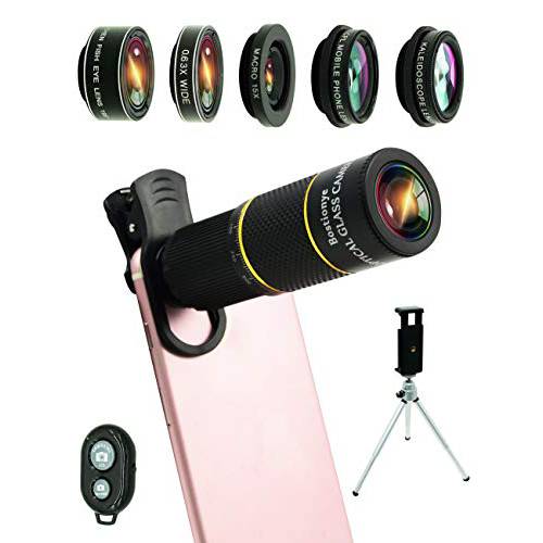 휴대폰, 스마트폰 카메라 렌즈 키트, 9 in 1 범용 22x 망원 렌즈, 0.63Wide 앵글+ 15X 매크로+ 198°Fisheye+ Kaleidoscope+ CPL/ Eyemask/ 삼각대/ 리모컨 셔터, 호환가능한 아이폰 삼성