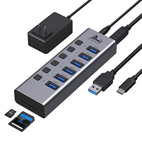 범용 전원 USB 3.0 허브, USB 분배기 6 USB 3.0 데이터 포트, SD/ TF 카드 리더기, 개인 파워 스위치, 5V/ 4A 파워 어댑터, USB 분배기 호환가능한 맥북 프로/ 에어/ 미니, 서피스 프로, HP