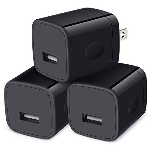 벽면 충전기 큐브, 1A/ 5V 싱글 Port USB 벽면 플러그 3 팩 여행용 블랙 충전 블록 박스 어댑터 호환가능한 아이폰, 삼성 갤럭시 A21 A51 A71 S20 S10 S9 S8, A10e, A90, Note20/ 10, Moto G7 G6, LG Stylo 6/ 5/ 4