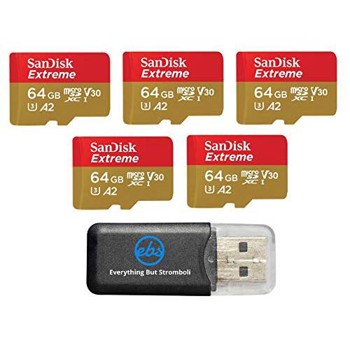 SanDisk 익스트림 64GB (5 팩) 마이크로SD 메모리 카드 DJI 매빅 미니 2, 매빅 미니, 매빅 에어 2 드론 - C10 A2 V30 SDXC (SDSQXA2-064G-GN6MN) 번들,묶음 (1) Everything But 스트롬볼리 마이크로 카드 리더, 리더기