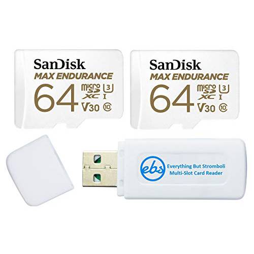 SanDisk 맥스 지구력 64GB TF 카드 MicroSDXC (2 팩) 메모리 카드 대시보드 캠&  홈 세큐리티 시스템 비디오 카메라 (SDSQQVR-064G-GN6IA) 번들,묶음 (1) Everything But 스트롬볼리 마이크로SD 카드 리더, 리더기